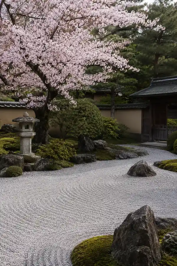 Japanischer Garten mit Kirschbäumen und Steingarten