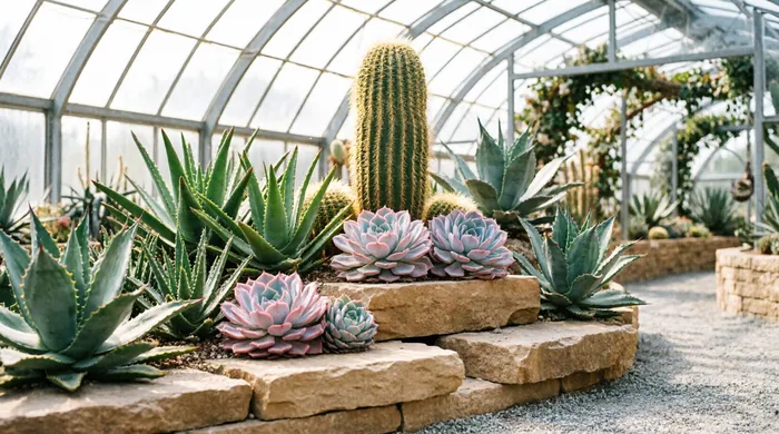 Sukkulentenhaus mit Kakteen und Aloe