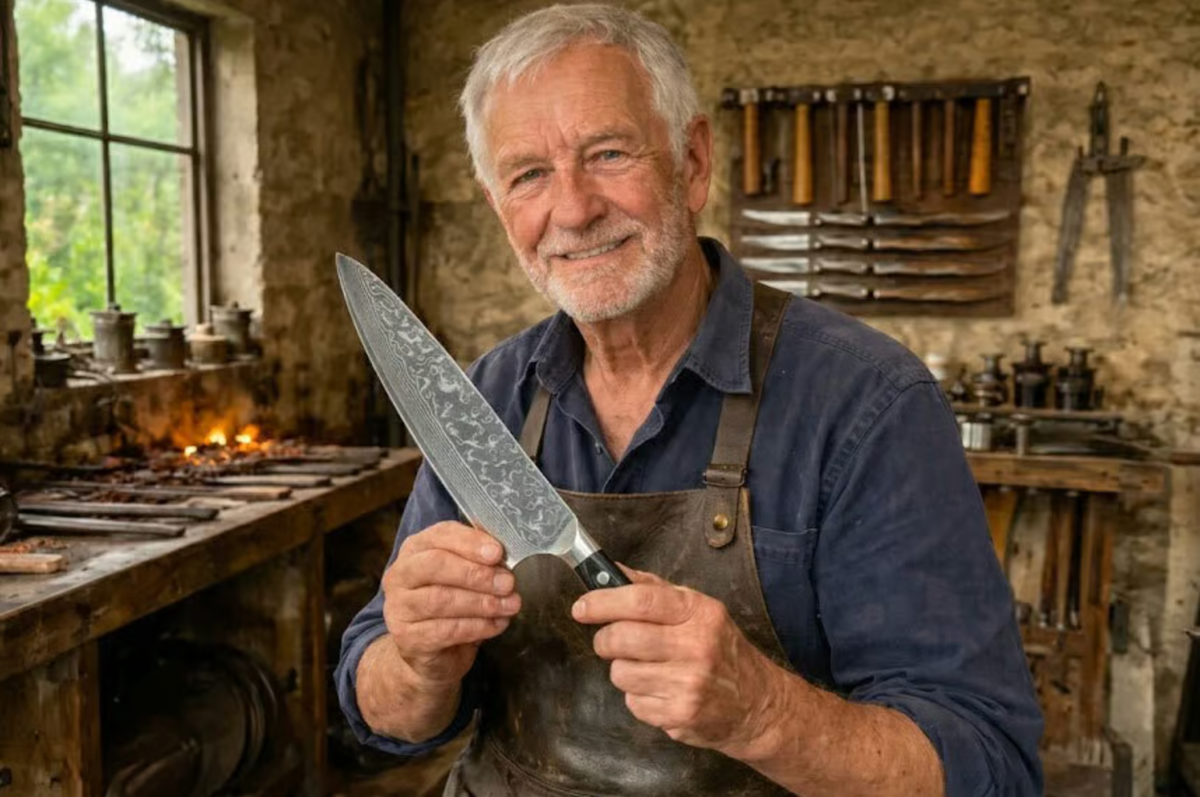 Maître coutelier âgé dans son atelier de forge