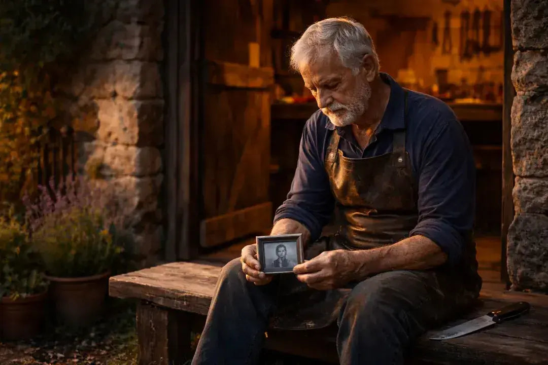 Homme de dos assis dans un atelier sombre, les épaules courbées