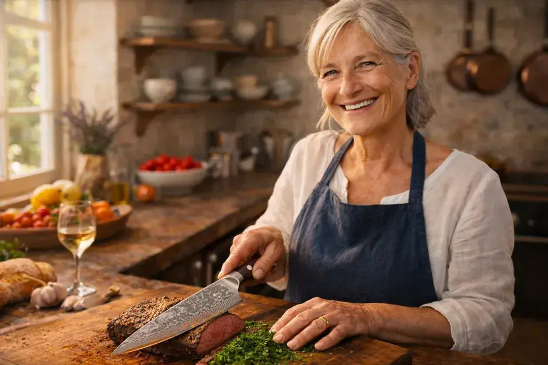 Femme aux cheveux gris souriante qui cuisine avec un couteau