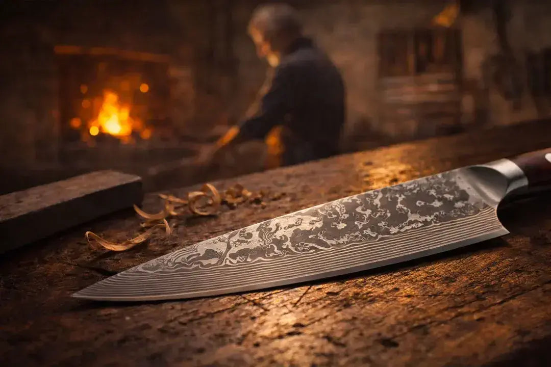 Lame de couteau damas aux reflets ondulés sur fond sombre