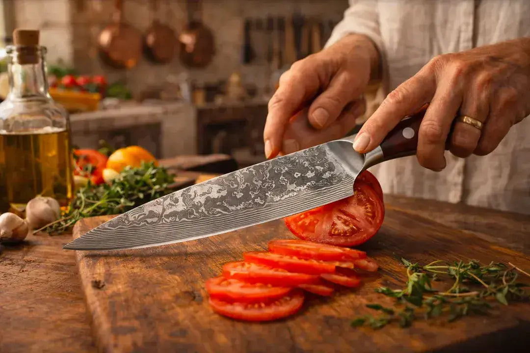 Mains d'un cuisinier coupant une tomate avec un couteau damas