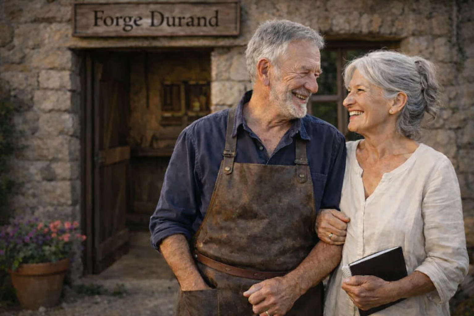 Couple âgé souriant devant l'enseigne d'une forge artisanale